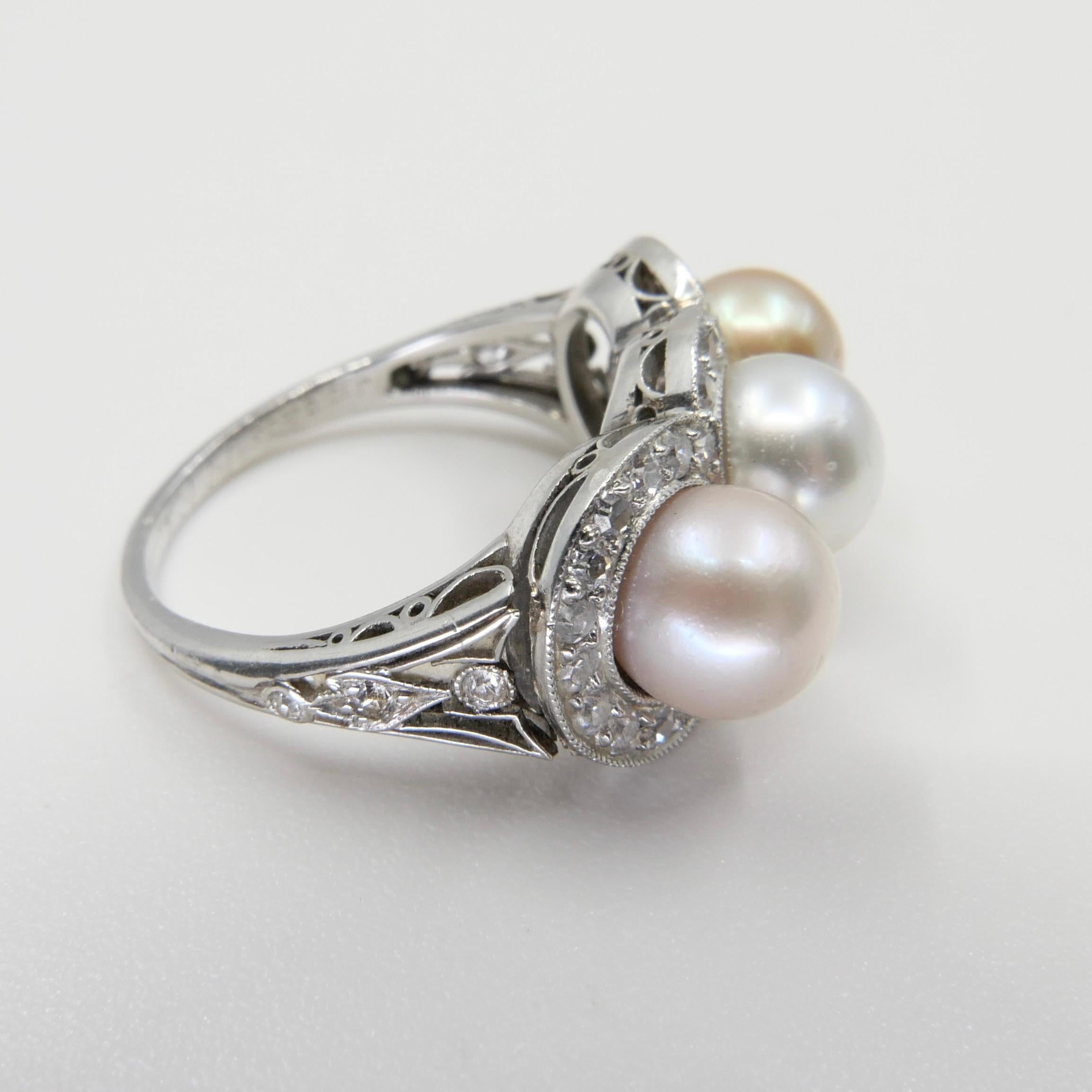 J E Caldwell Belle Epoque Certified 3 Natural Colored Pearls and Diamond Ring 6