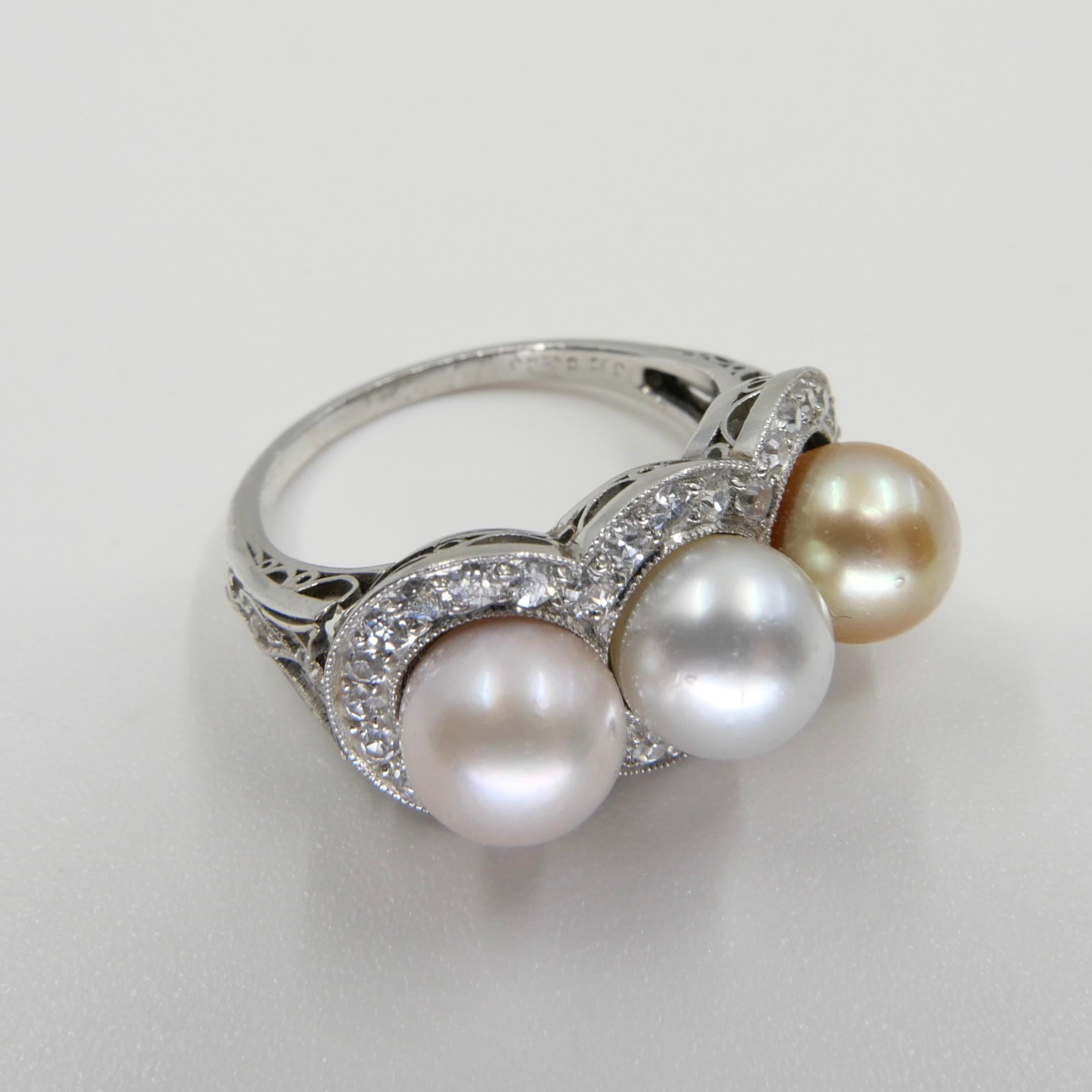J E Caldwell Belle Epoque Certified 3 Natural Colored Pearls and Diamond Ring 7
