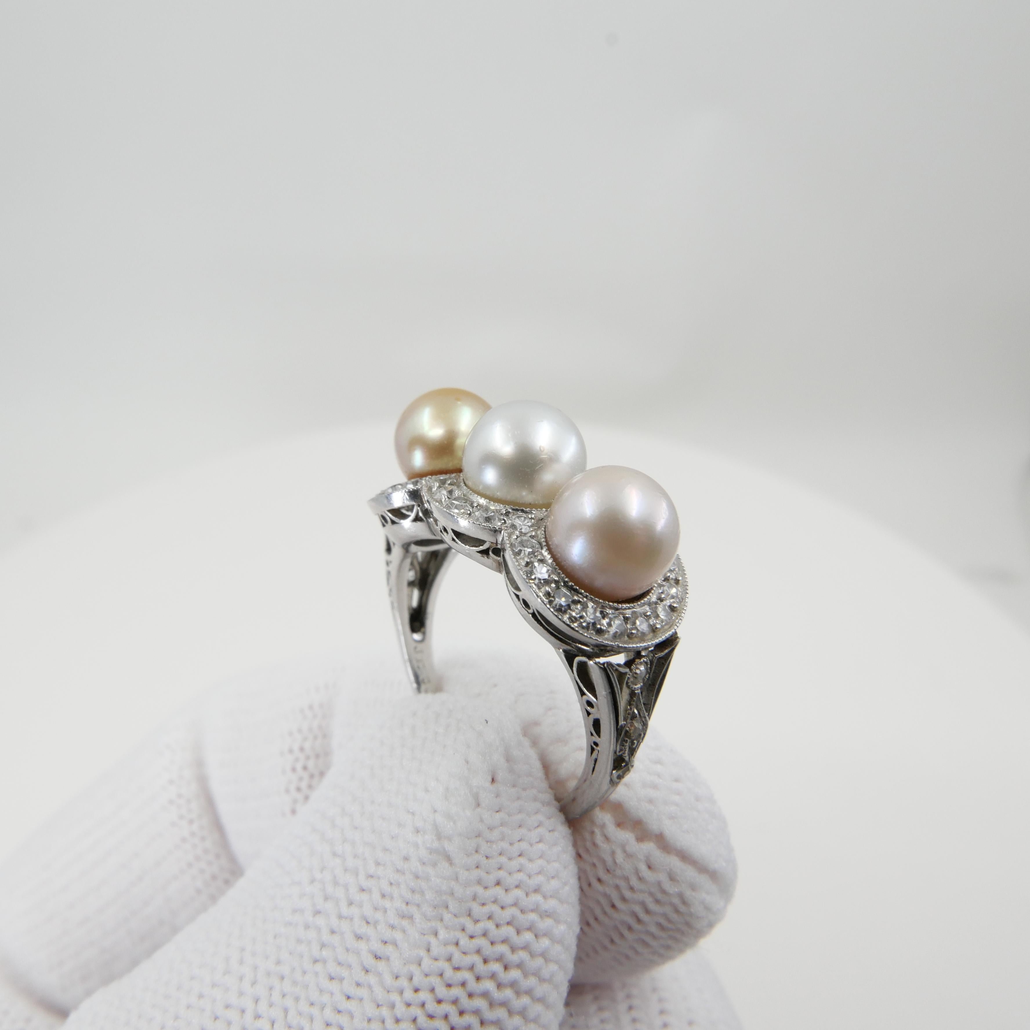 J E Caldwell Belle Epoque Certified 3 Natural Colored Pearls and Diamond Ring 8