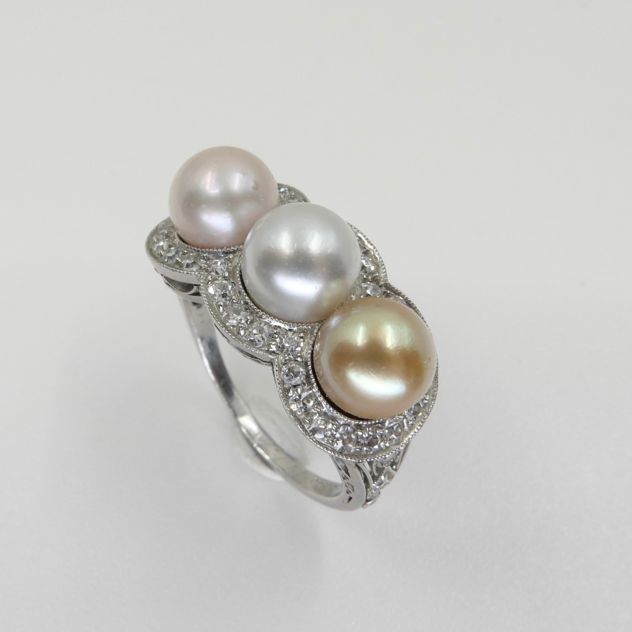 Belle Époque J E Caldwell Belle Epoque Certified 3 Natural Colored Pearls and Diamond Ring