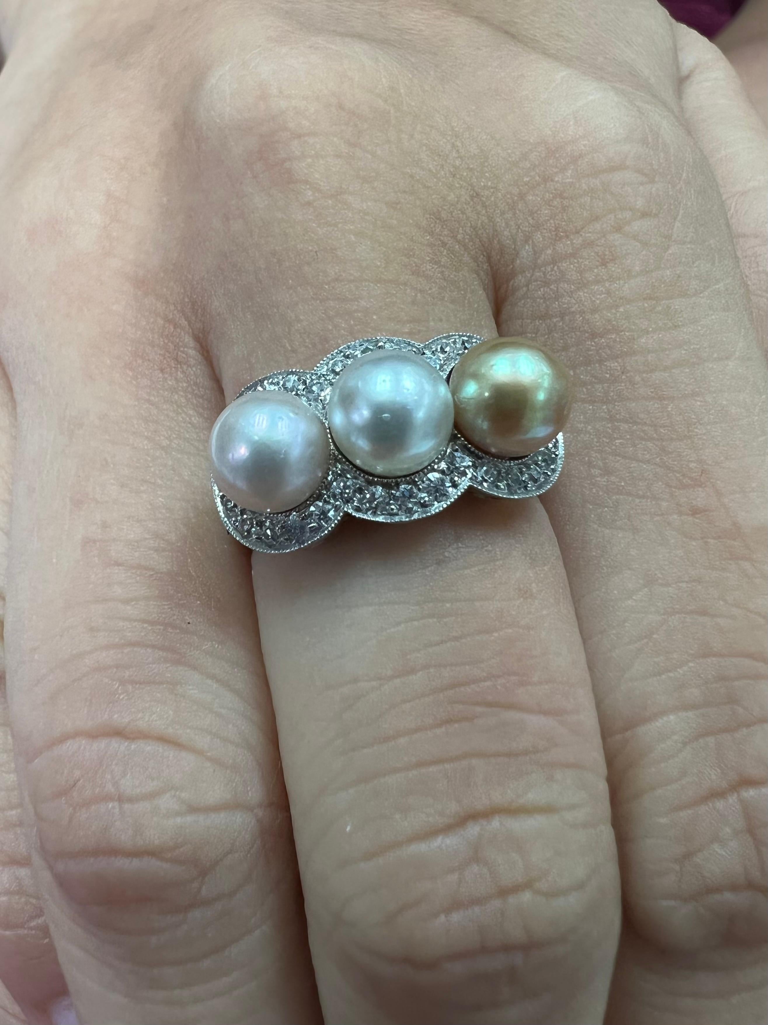 Round Cut J E Caldwell Belle Epoque Certified 3 Natural Colored Pearls and Diamond Ring