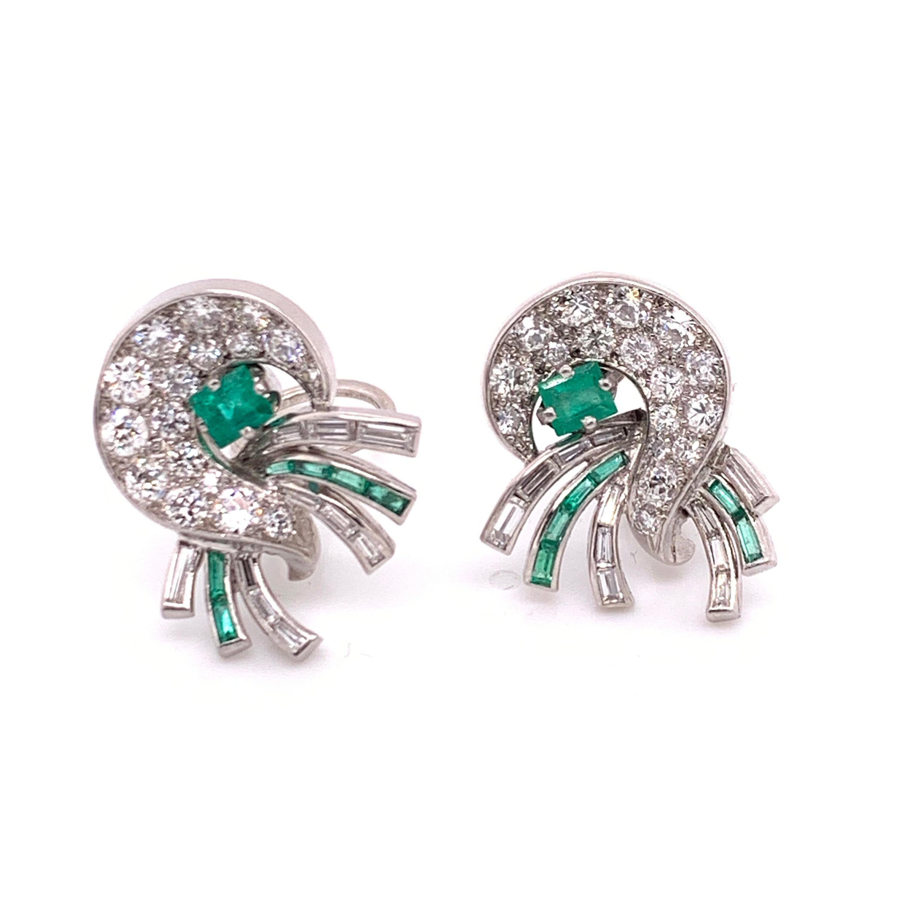 Retro J. E. Caldwell Emerald and Diamond Earrings, circa 1940