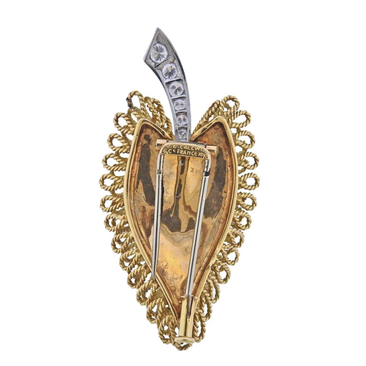 Women's J. E. Caldwell France Mid Century Gold Diamond Leaf Earrings Brooch Set For Sale