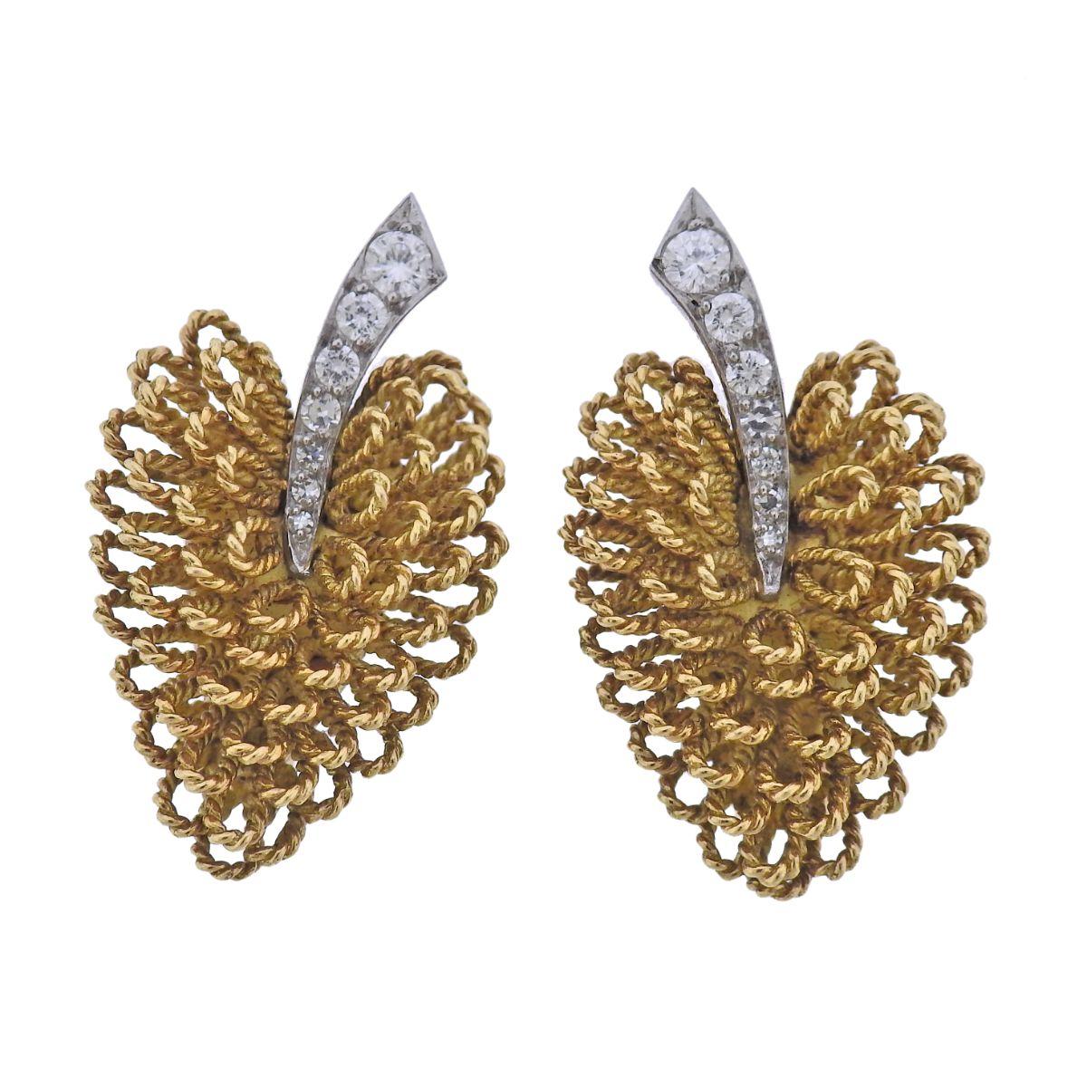 J. E. Caldwell France Mid Century Gold Diamond Leaf Earrings Brooch Set For Sale 1