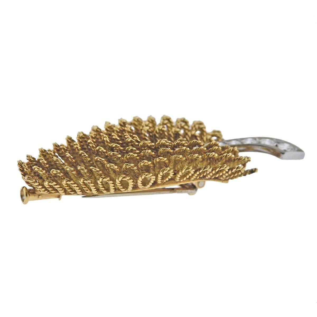 J. E. Caldwell France Mid Century Gold Diamond Leaf Earrings Brooch Set For Sale 2
