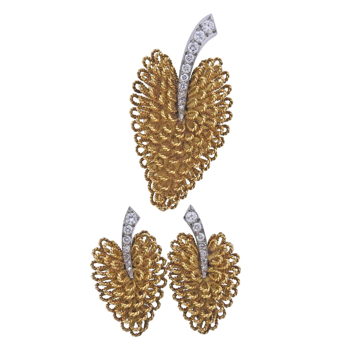 J. E. Caldwell France Mid Century Gold Diamond Leaf Earrings Brooch Set For Sale
