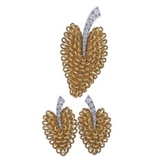 J. E. Caldwell France Mid Century Gold Diamond Leaf Earrings Brooch Set