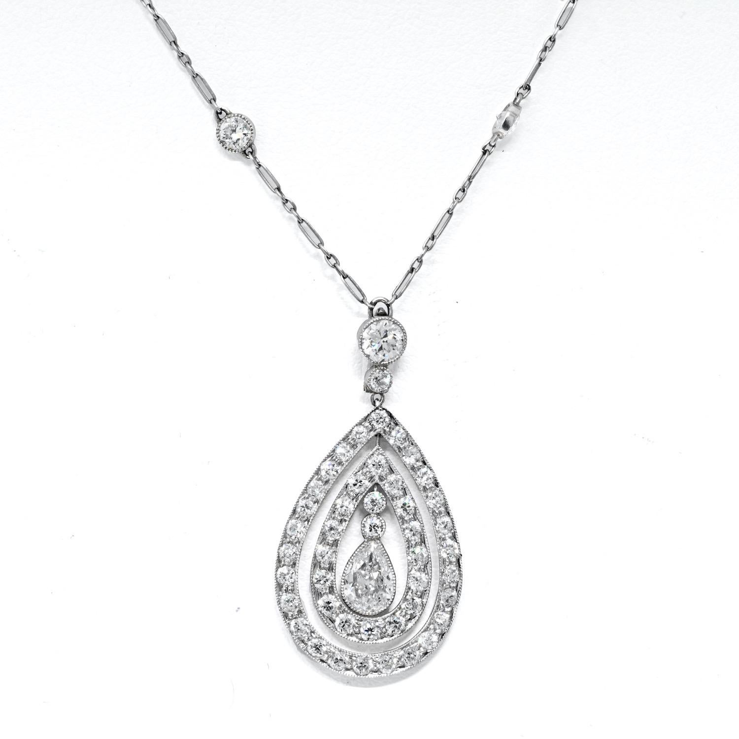 Modern J. E. Caldwell Platinum Pear Shape Double Halo Tear Drop Pendant For Sale