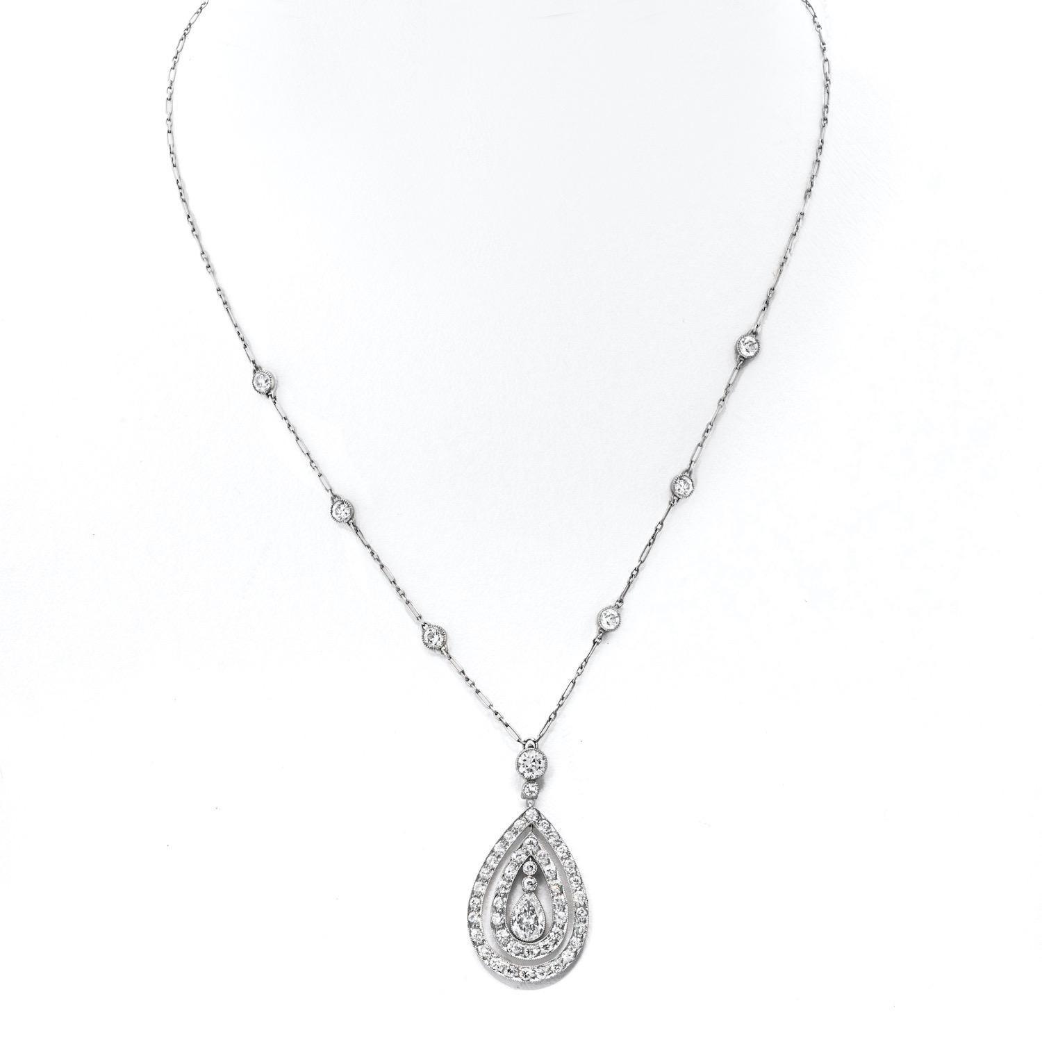 J. E. Caldwell Platinum Pear Shape Double Halo Tear Drop Pendant For Sale