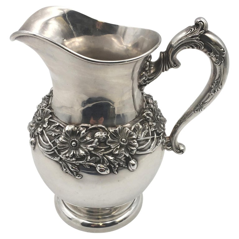 J. E. Caldwell Sterling Silver Pitcher Jug in Art Nouveau Style with Flowers For Sale