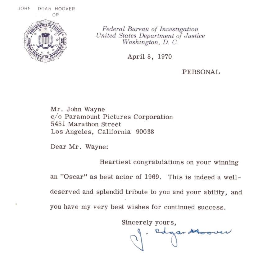 J. Edgar Hoover Signed Letter to John Wayne