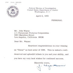 J. Edgar Hoover Signed Letter to John Wayne