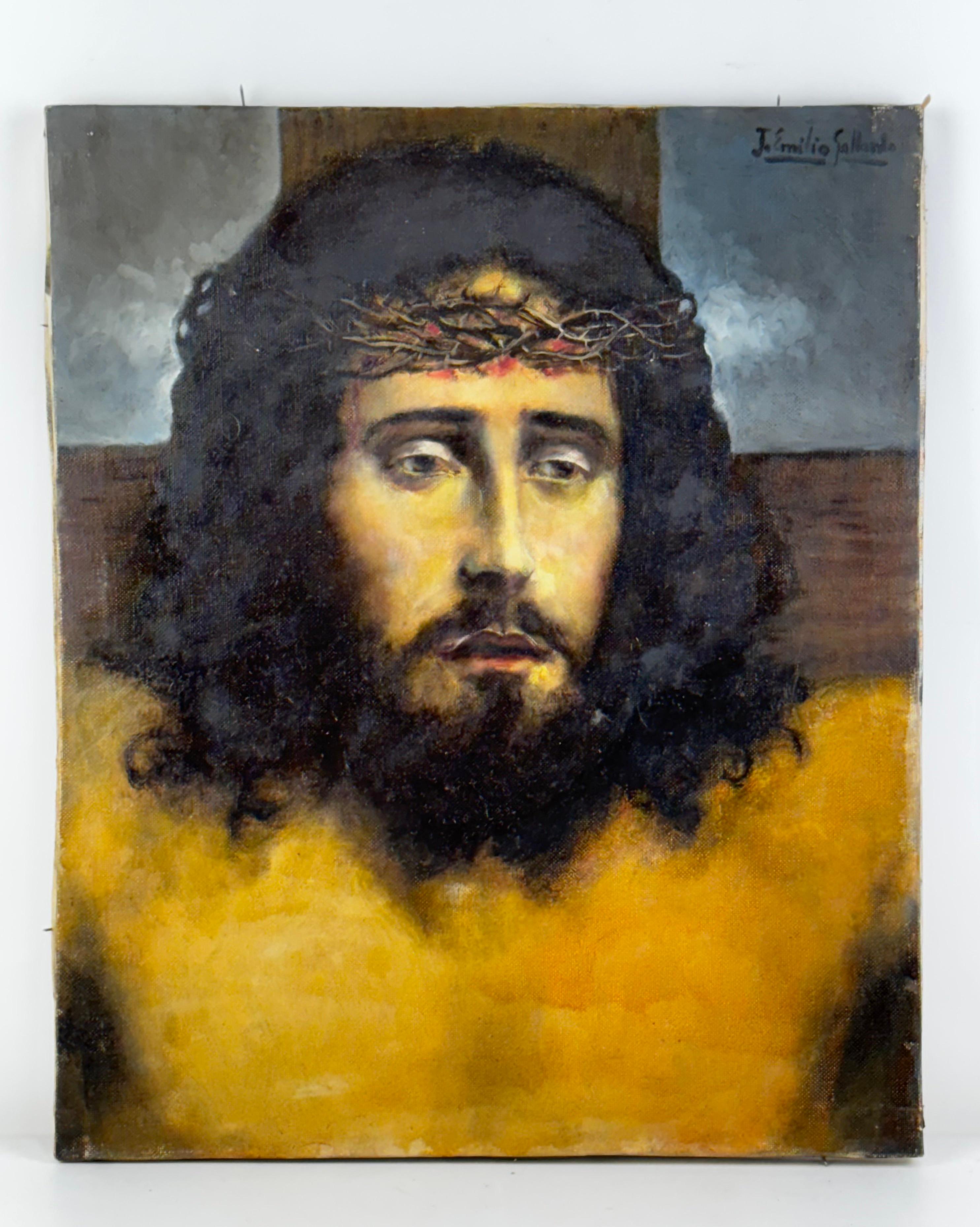 J. EMILIO GALLARDO Figurative Painting - Jesus Christ on the Cross, Oil on Canvas, Signed, 1970s, 46.5x38 cm