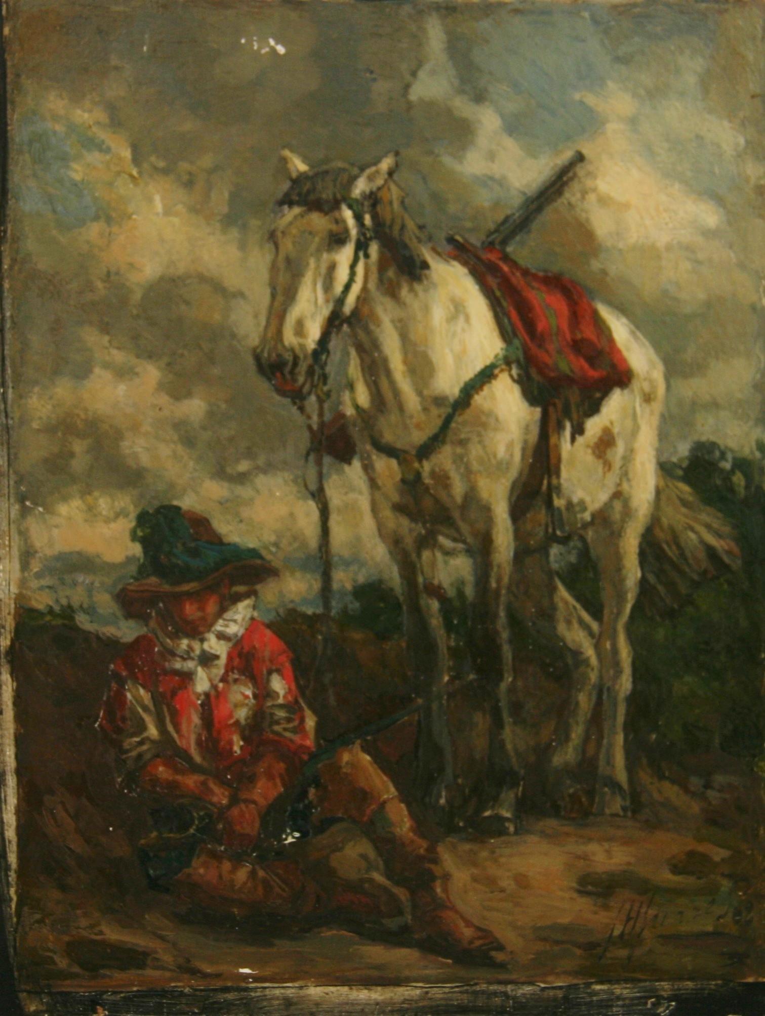 Antique French Equestrian Oi  Painting on wood Titled The Sentinel 1908 - Brown Animal Painting by J Farrel