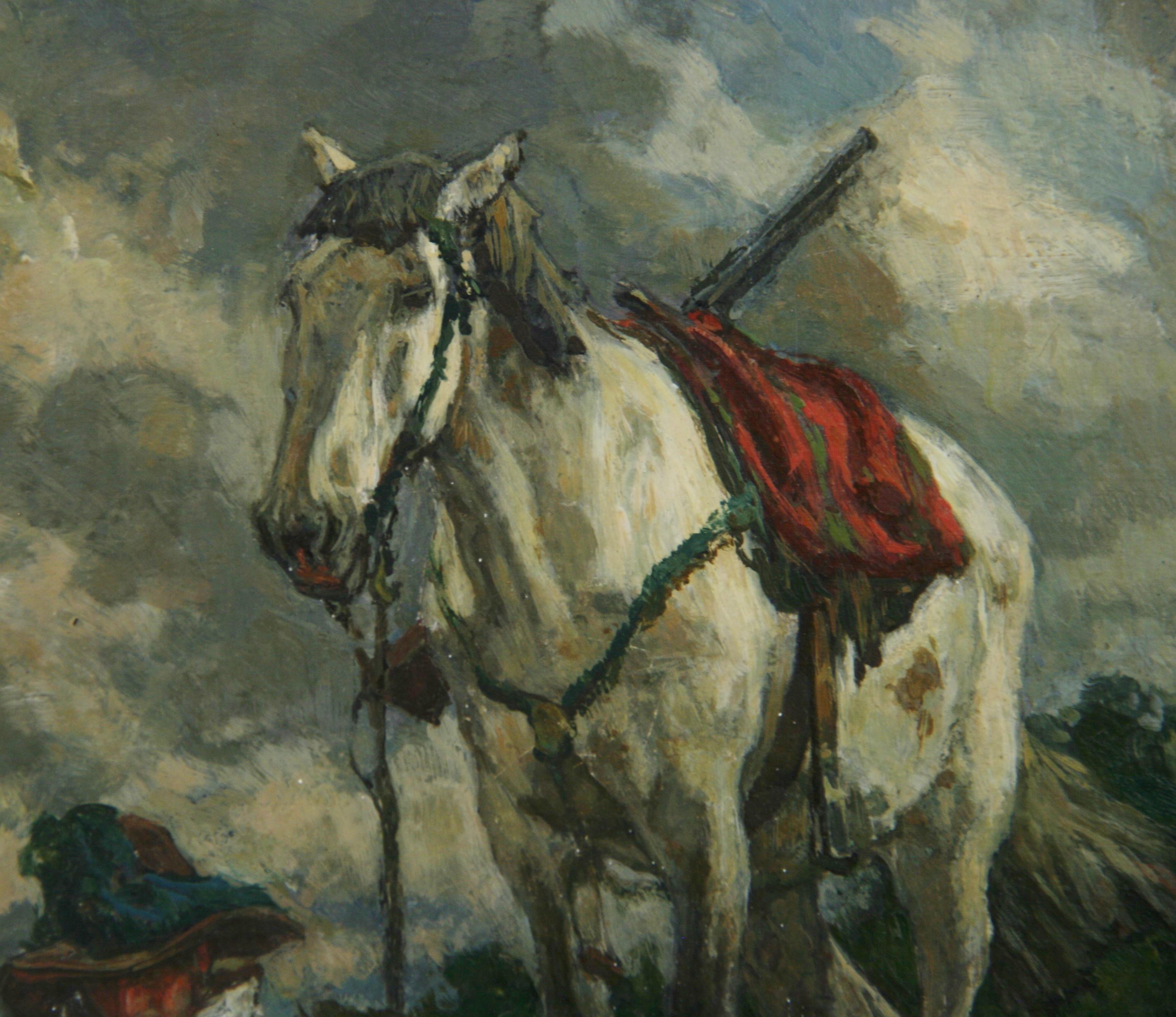 3882
Antique equestrian with seated rider oil  painting on wood panel