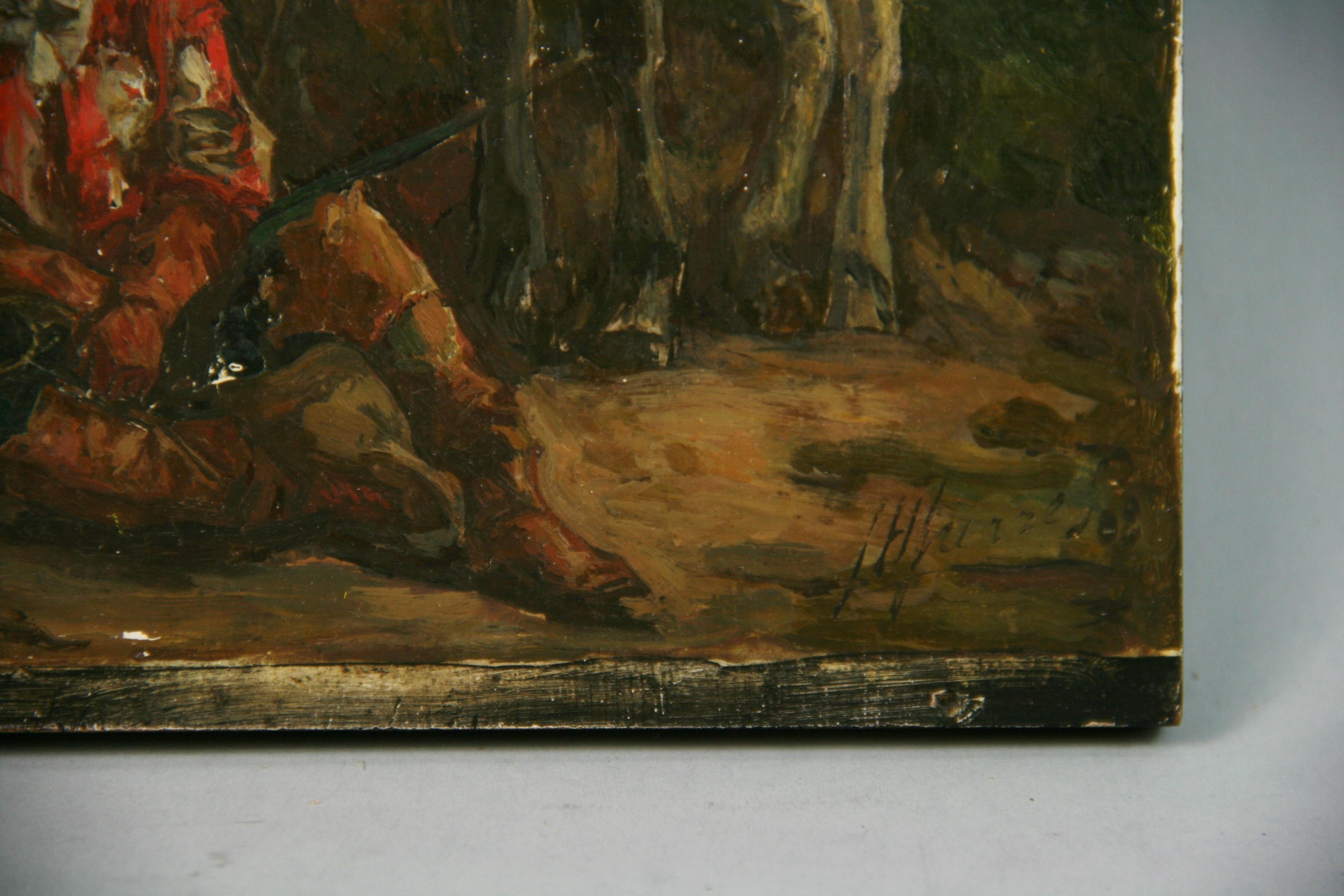 Antique French Equestrian Oi  Painting on wood Titled The Sentinel 1908 For Sale 2