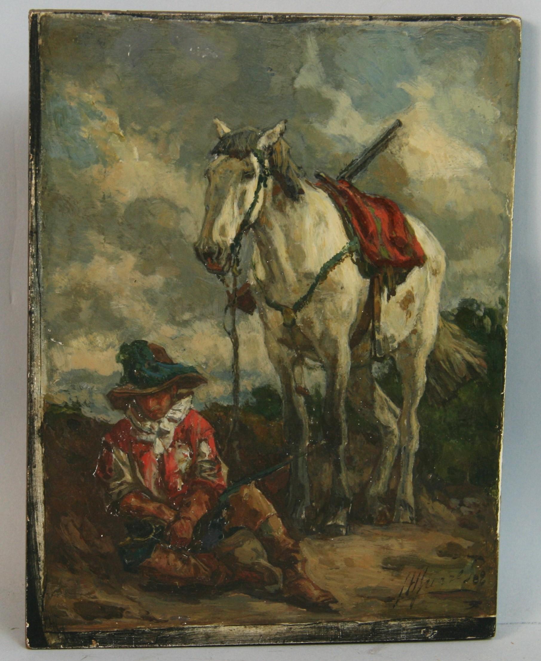 Antique French Equestrian Oi  Painting on wood Titled The Sentinel 1908 For Sale 3