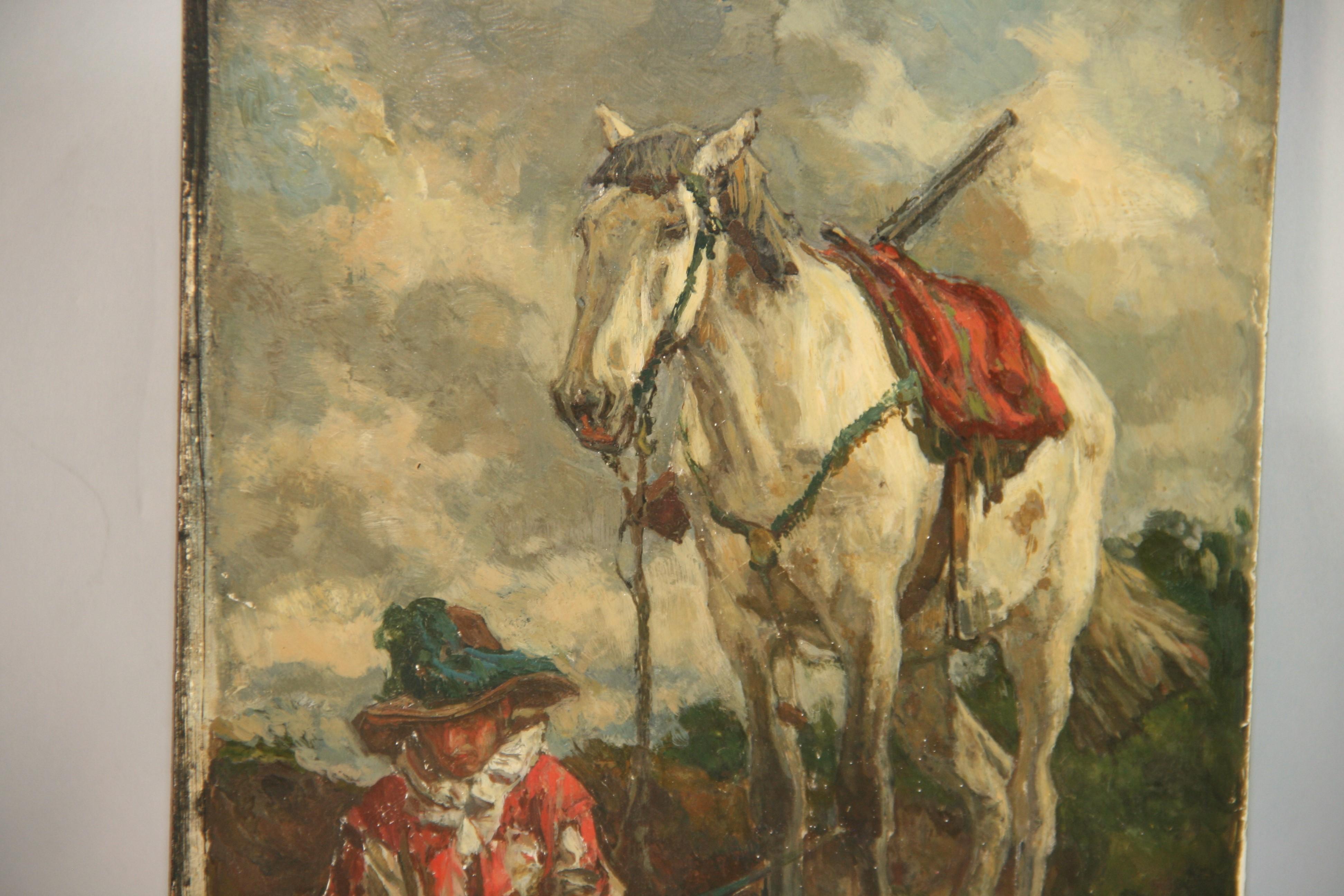Antique French Equestrian Oi  Painting on wood Titled The Sentinel 1908 For Sale 4