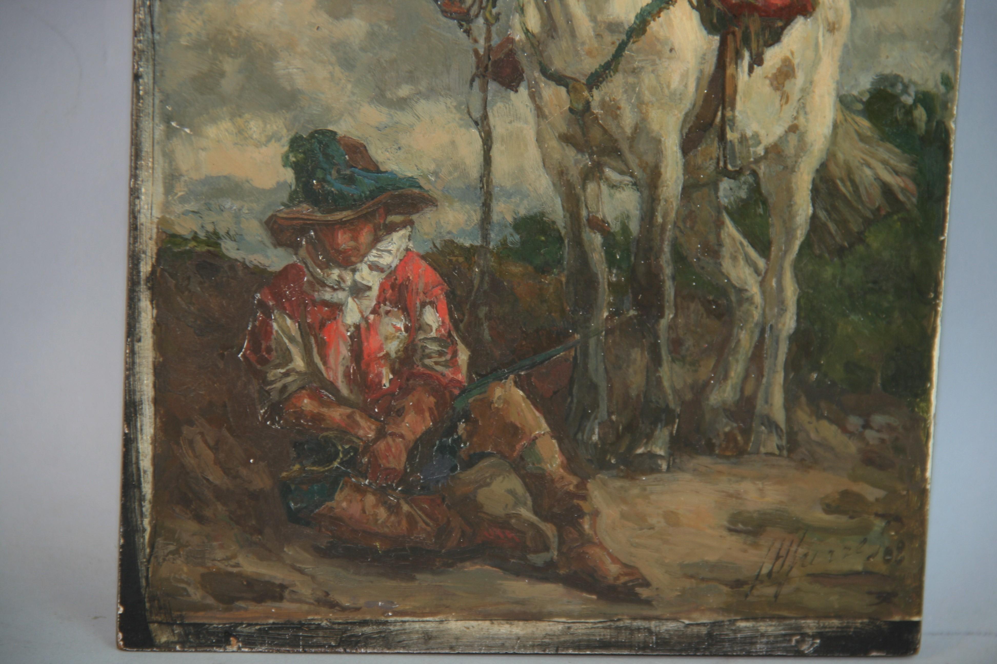 Antique French Equestrian Oi  Painting on wood Titled The Sentinel 1908 For Sale 5