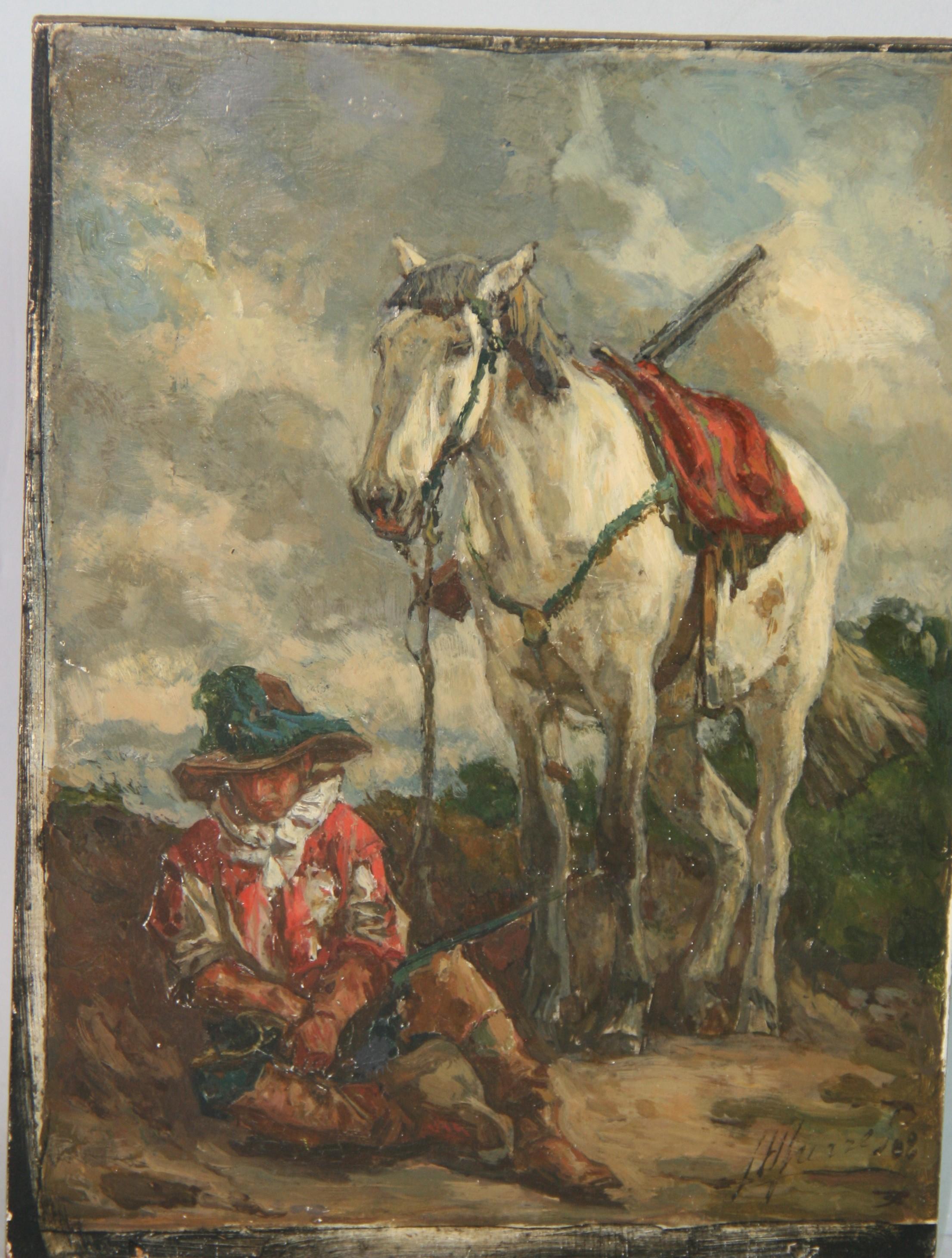 Antique French Horse and Seated Rider  Painting on wood Titled The Sentinel 1908 For Sale 8