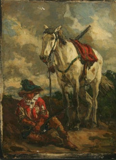 Antikes französisches Pferd und sitzender Reiter  Gemälde auf Holz mit dem Titel The Sentinel 1908