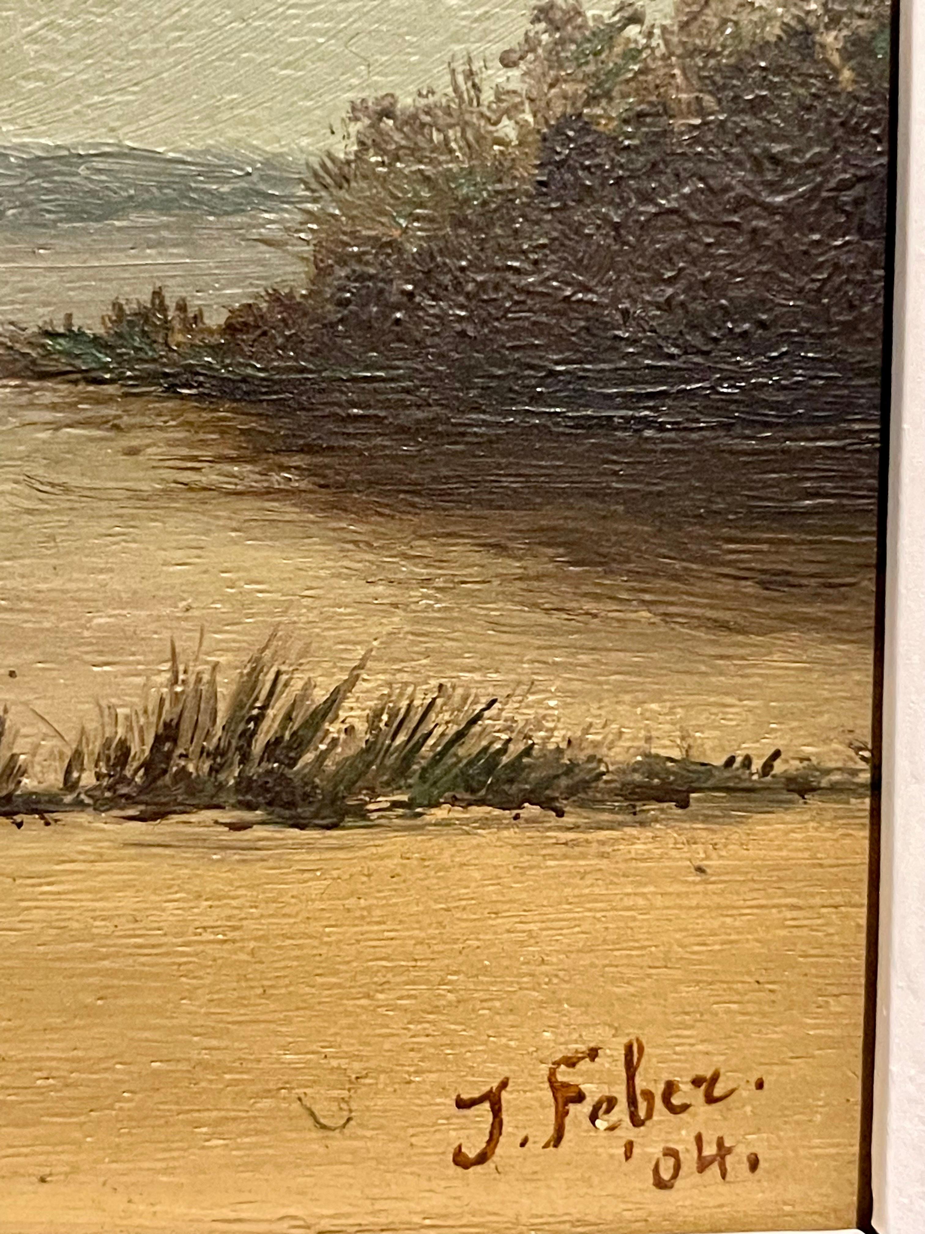 Romantic oil painting Fishing in a river landscape by sunset 1904 - Barbizon School Painting by J. Feber