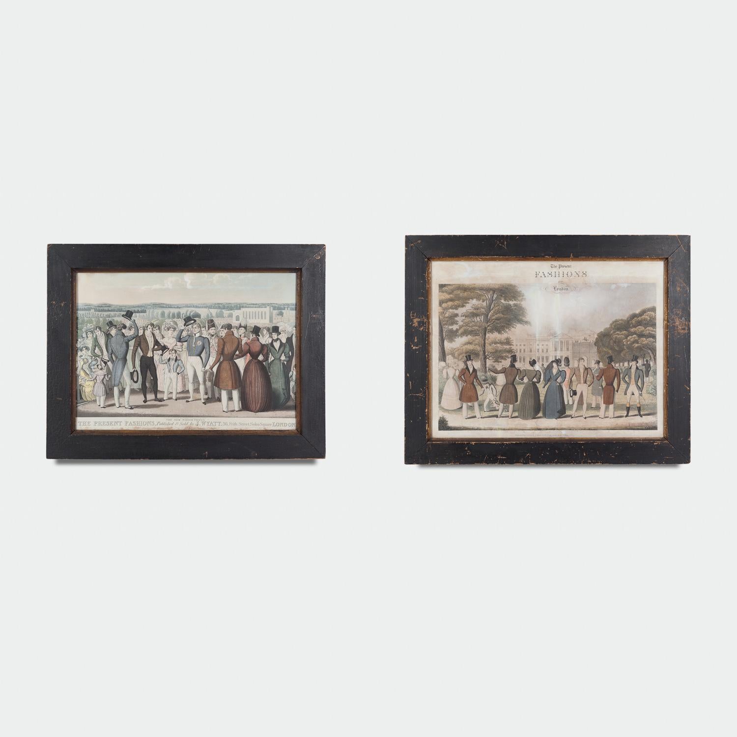 A pair of hand coloured aquatints, ‘The present fashion of London’ by and after J. Findlay, published and sold by J. Wyatt, 36 Frith Street, Soho Square, London. Circa 1829.

The frames measure height 47cm x width 60cm and height 49.5cm x width 62cm.