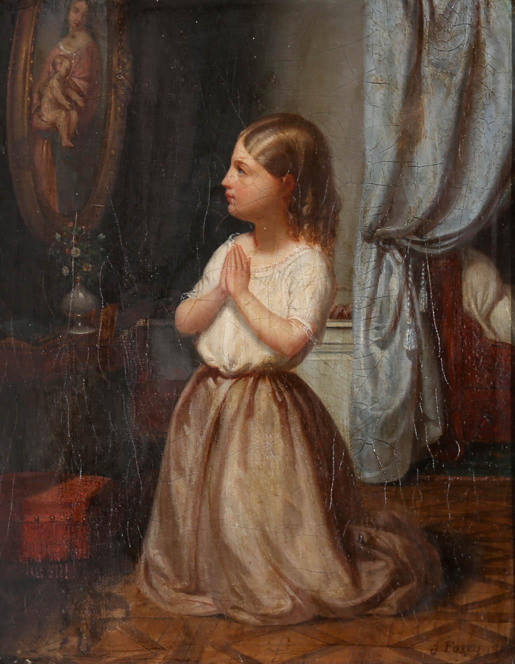 A charming interior scene in oil from the mid 19th Century, showing a pretty, blonde haired child kneeling before a painting of the Madonna and Child, hands clasped at her chest in prayer. The scene is far from solemn, despite the pious nature of