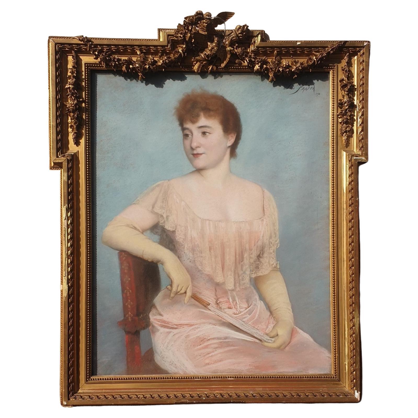 J Frappa, Portrait Of Young Woman, Pastel, XIXth Century For Sale