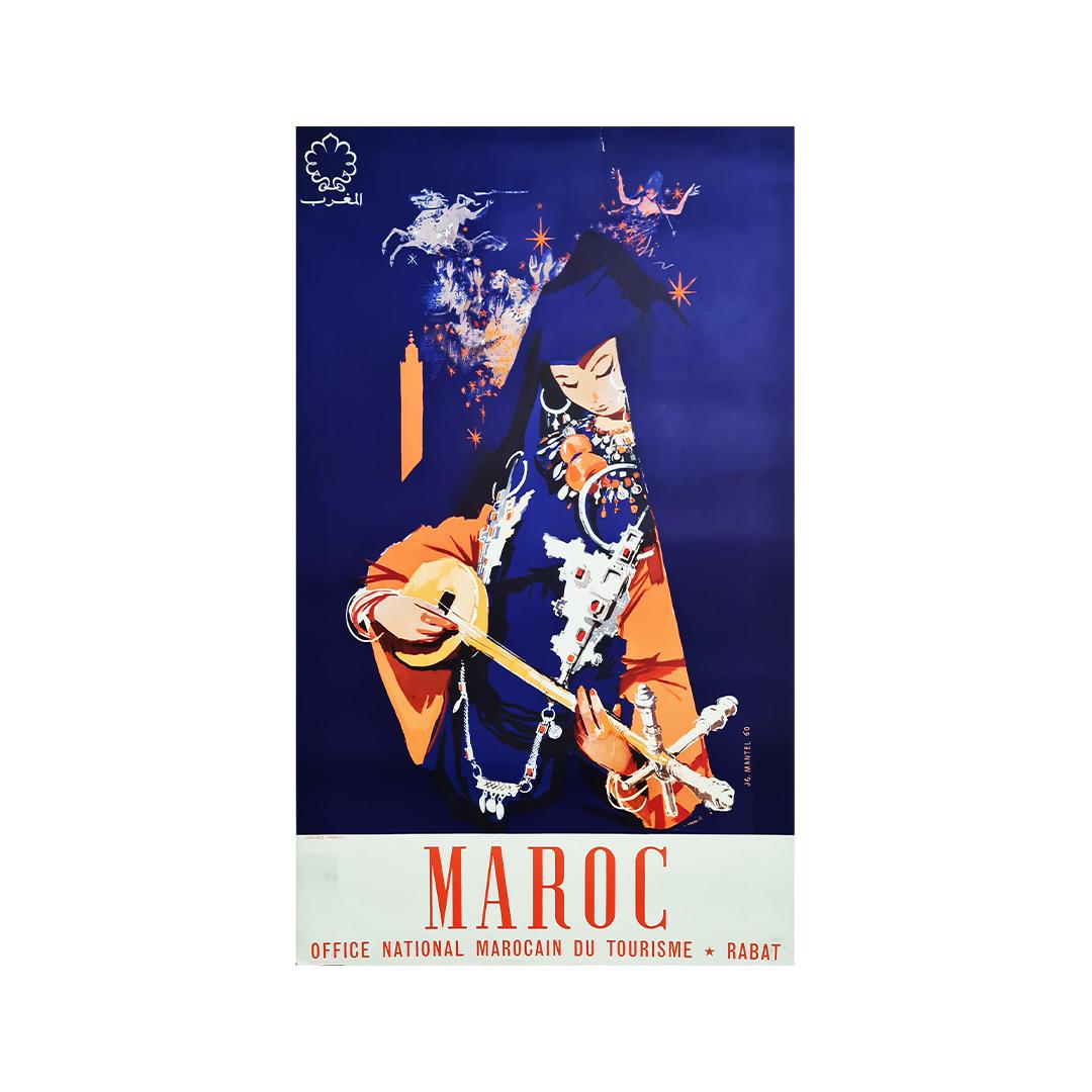 Une très belle affiche aux couleurs magnifiques réalisée par J.G Mantel en 1960 pour promouvoir le Festival Folklorique de Marrakech.

Ce festival a été créé en 1960 par Sa Majesté le Roi Mohammed V. C'est le plus ancien festival du Maroc.

Ce