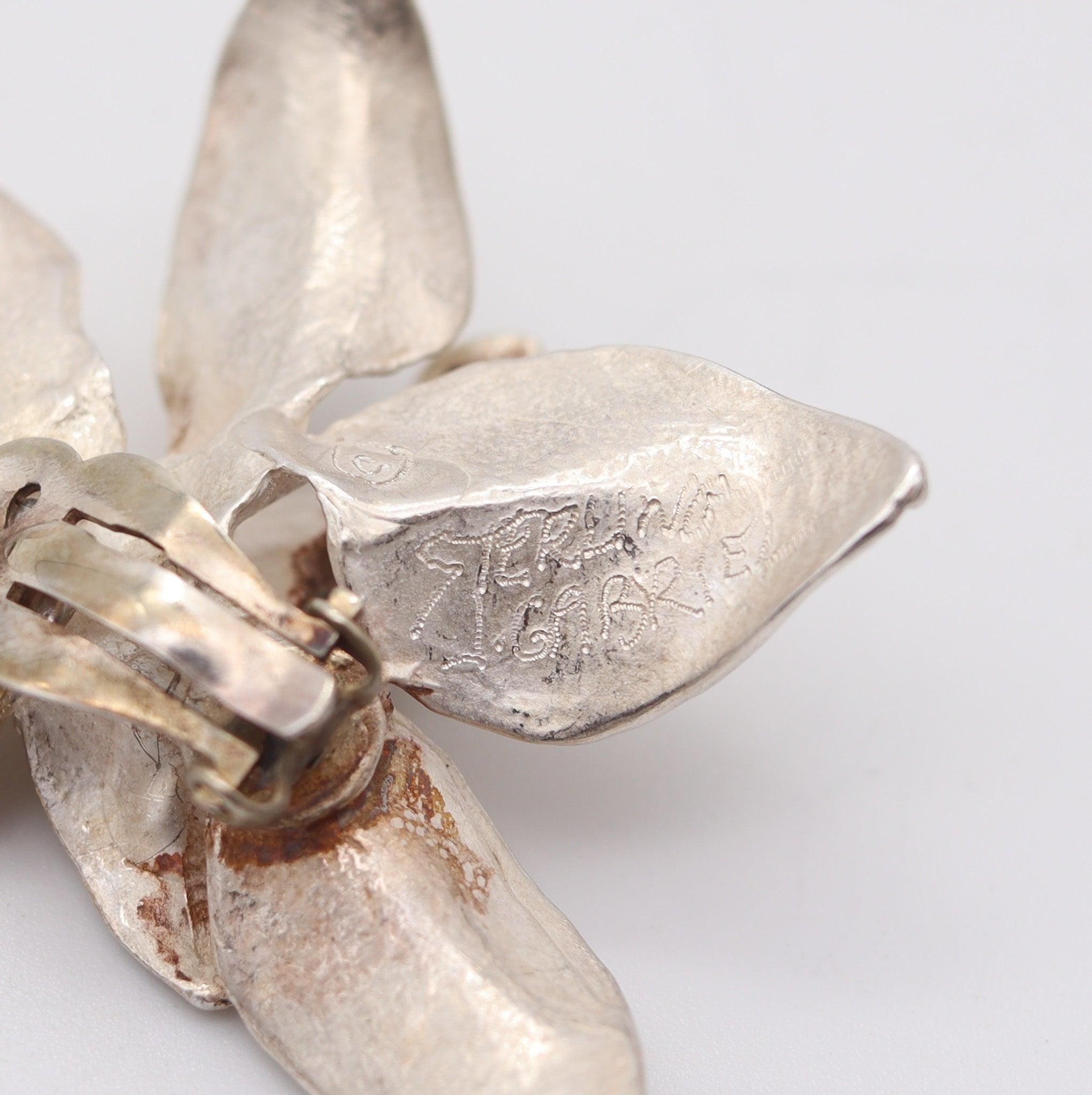 Modernista J. GABRIEL 1970 Orecchini a clip con fiori di orchidee scultoree in argento 925 in vendita