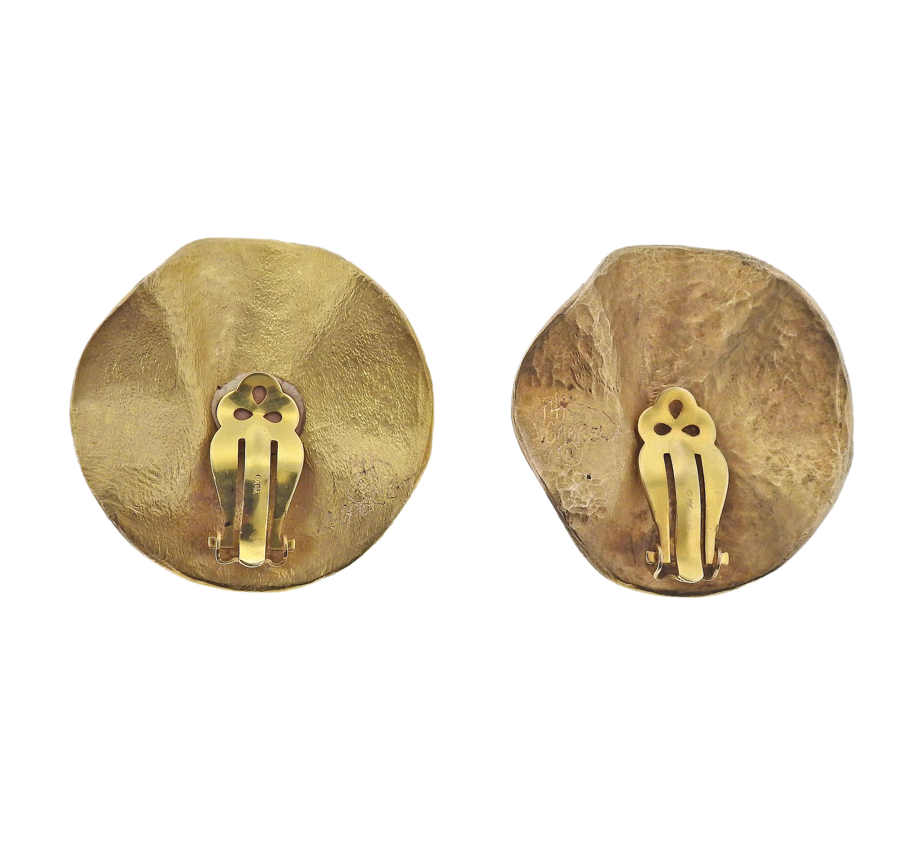 Pair of 14k gold large modernist earrings by J. Gabriel. Earrings are 38mm in diameter. Marked: J. Gabriel, 14k. Weight - 28.7 grams.