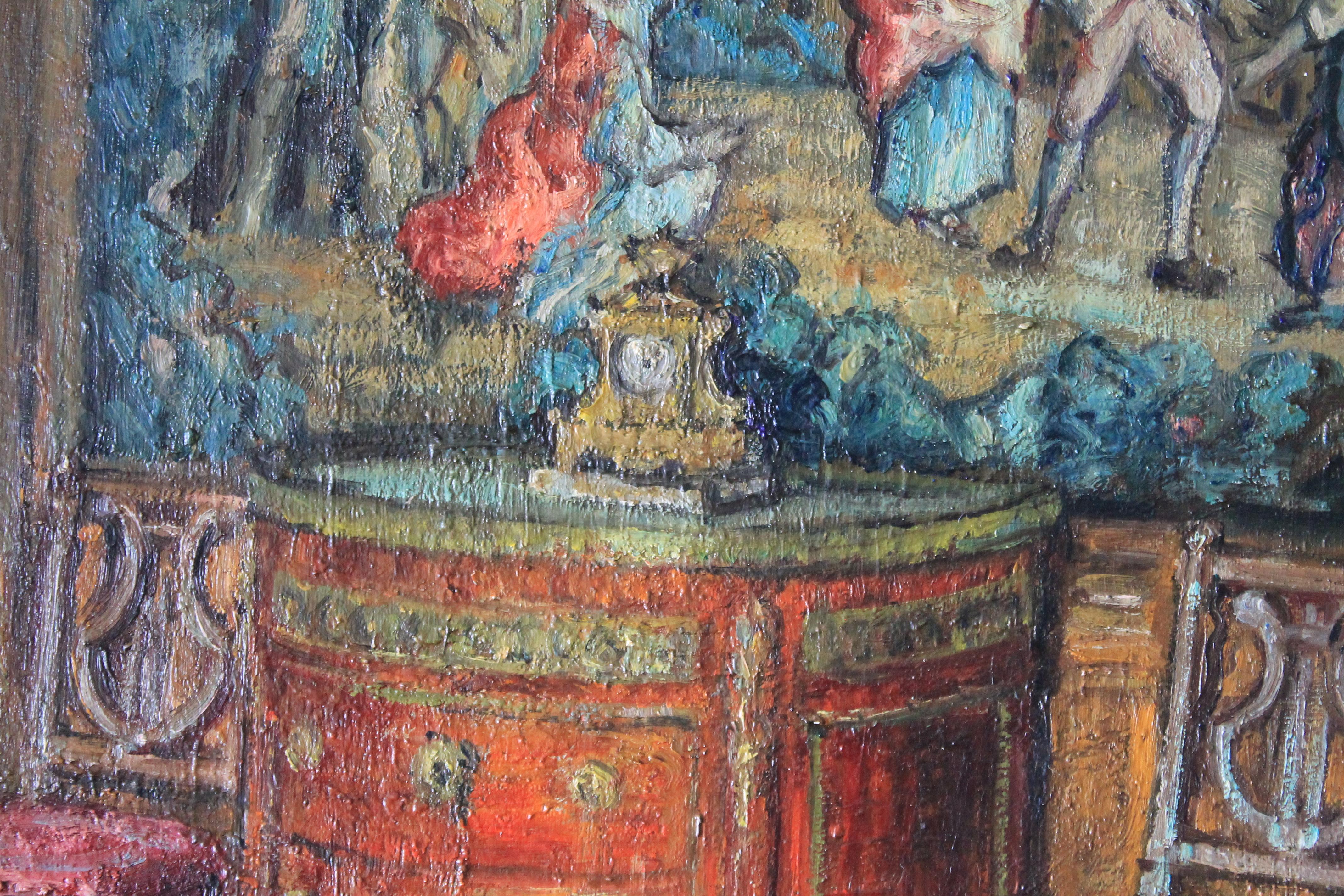 Interieur-Ölgemälde, Vignette und Wandteppich – Painting von j George