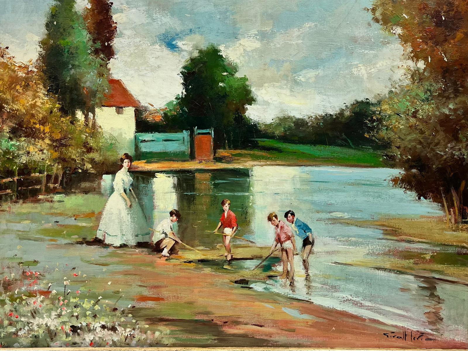 Huge Spanish Signed Oil Children & Mother Playing in River Summer Landscape - Painting by J. Giralt Lerin