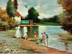 Enorme olio spagnolo firmato Child & Child & Mother Playing in River Summer Landscape (Bambini e madre che giocano nel fiume)