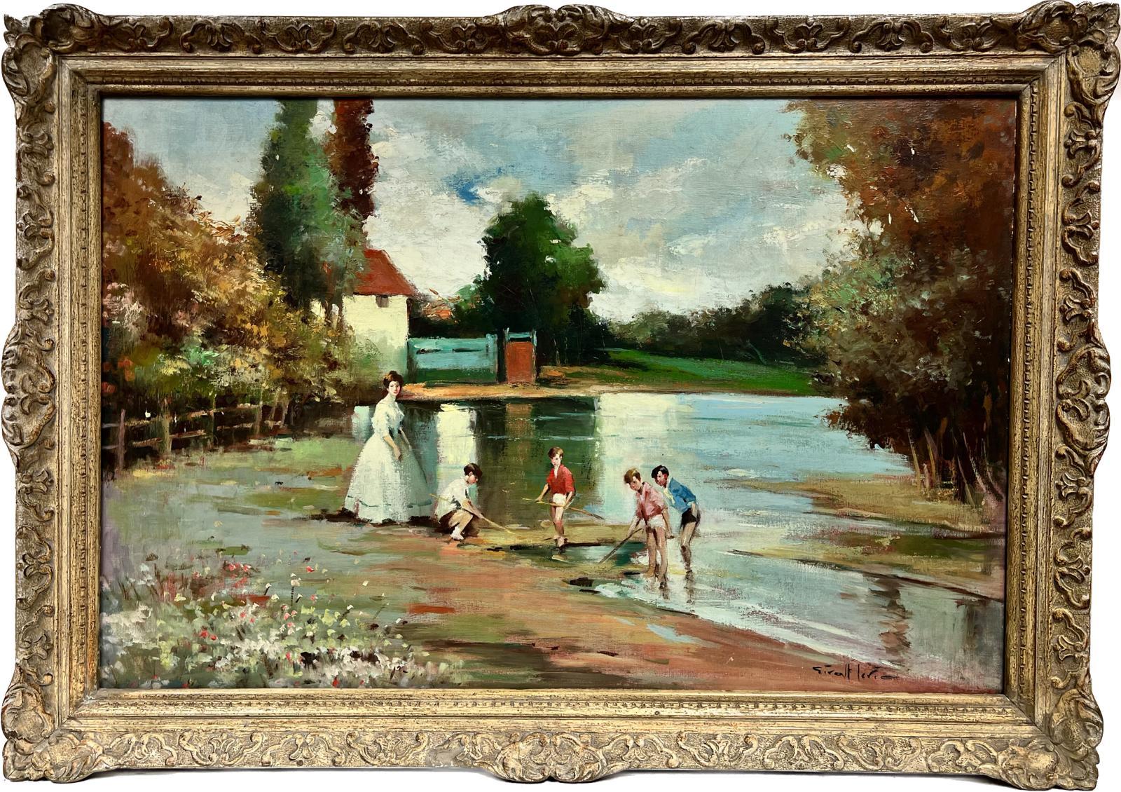 J. Giralt Lerin Landscape Painting - Huge Spanish Signed Oil Children & Mother Playing in River Summer Landscape