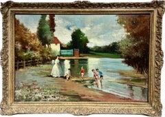 Vintage Huge Spanish Signed Oil Children & Mother Playing in River Summer Landscape
