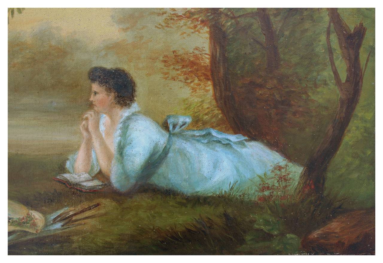 Mujer junto al lago - Paisaje figurativo de finales del siglo XIX - Painting de J. Glover