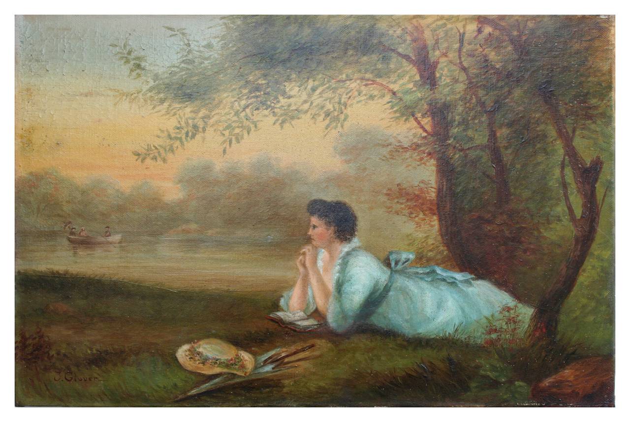 Figurative Painting de J. Glover - Mujer junto al lago - Paisaje figurativo de finales del siglo XIX