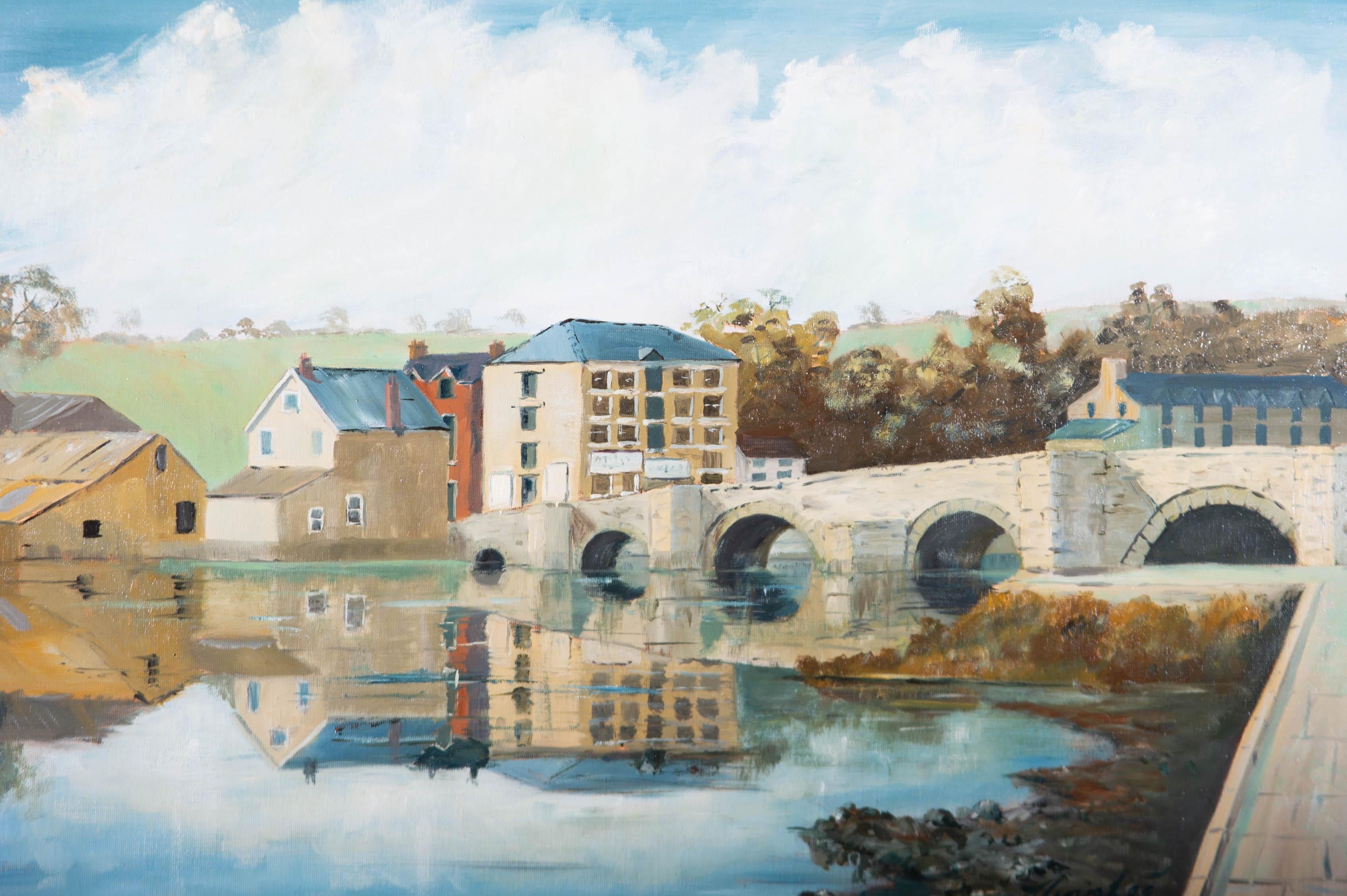 J. Gough - Olio del 1989 firmato e incorniciato, Ponte di Cardigan e fiume Teifi 2