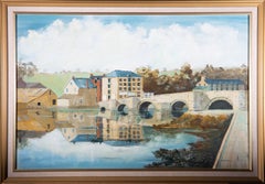 J. Gough - Olio del 1989 firmato e incorniciato, Ponte di Cardigan e fiume Teifi