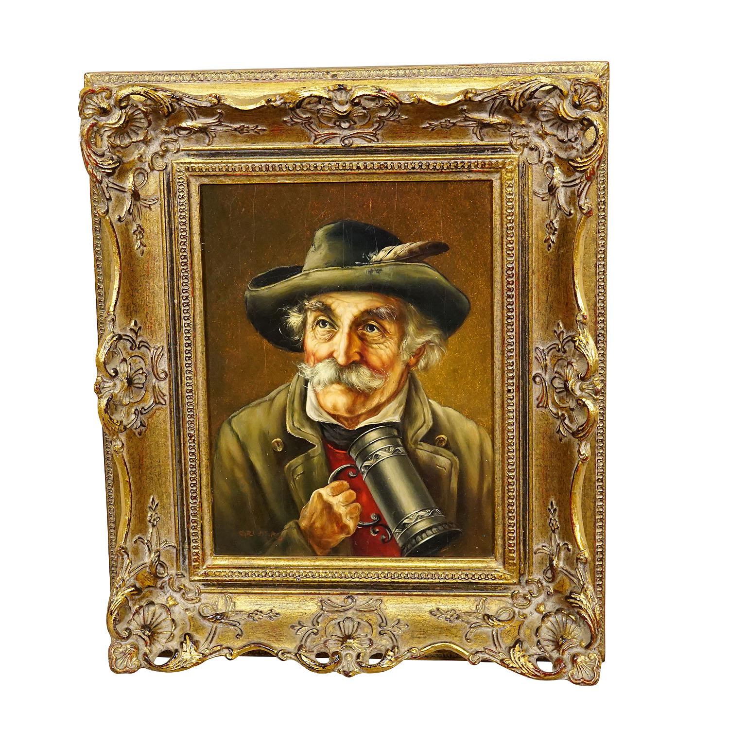 J. Gruber - Portrait of a Bavarian Folksy Man with Beer Mug, Oil on Wood

A colorful oil painting depicting a beer drinking folksy Bavarian man in his sunday robe. Painted on wood with pastel colors around 1950s. Framed with wooden carved and gilded