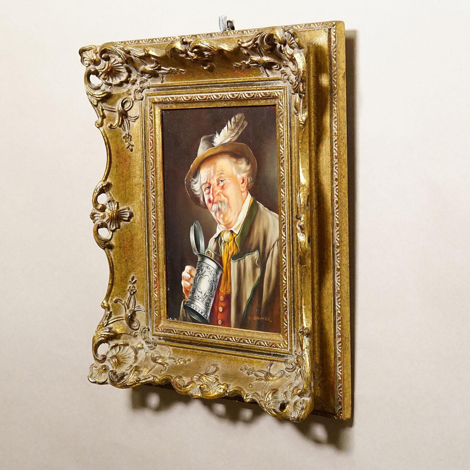 Folk Art J. Gruber - Portrait of a Bavarian Folksy Man with Beer Mug, Oil on Wood For Sale
