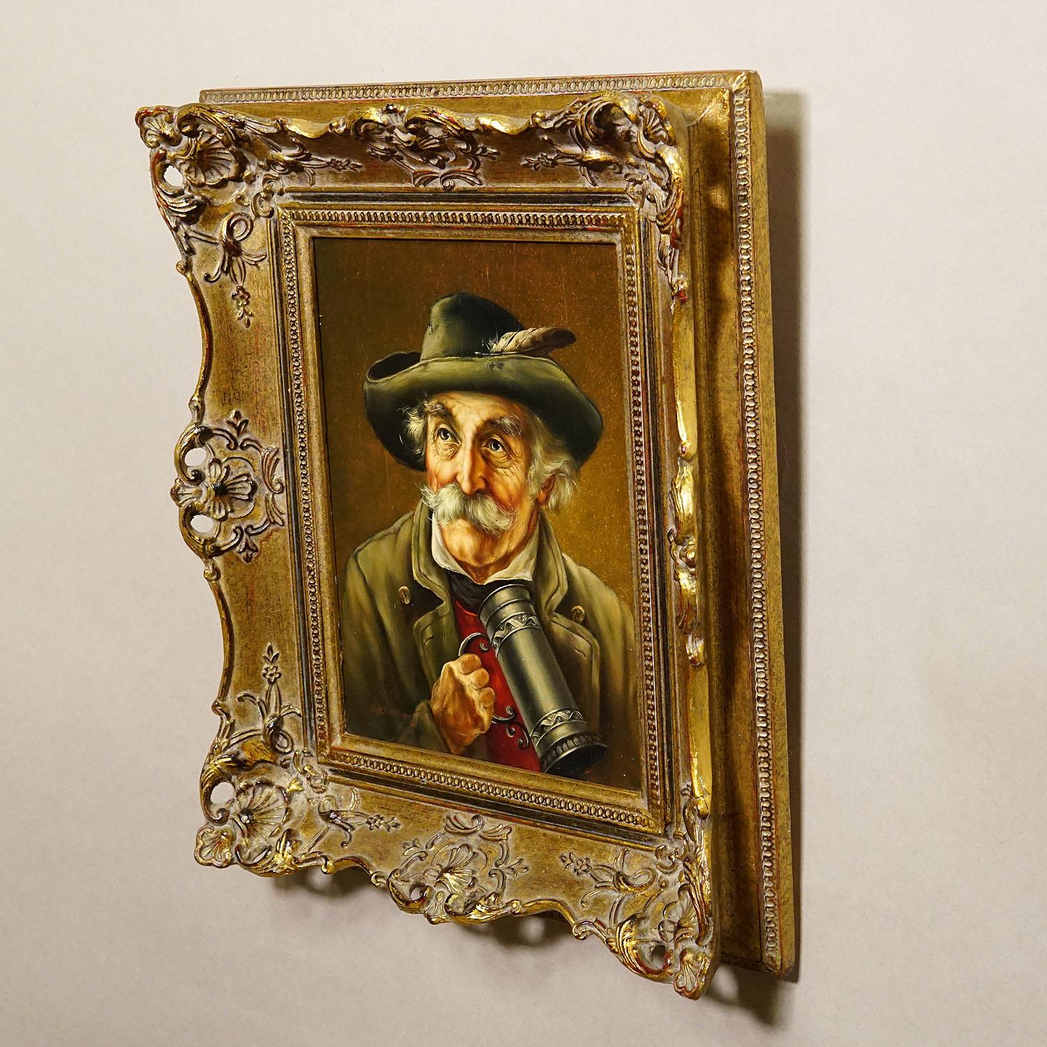 Folk Art J. Gruber - Portrait of a Bavarian Folksy Man with Beer Mug, Oil on Wood For Sale