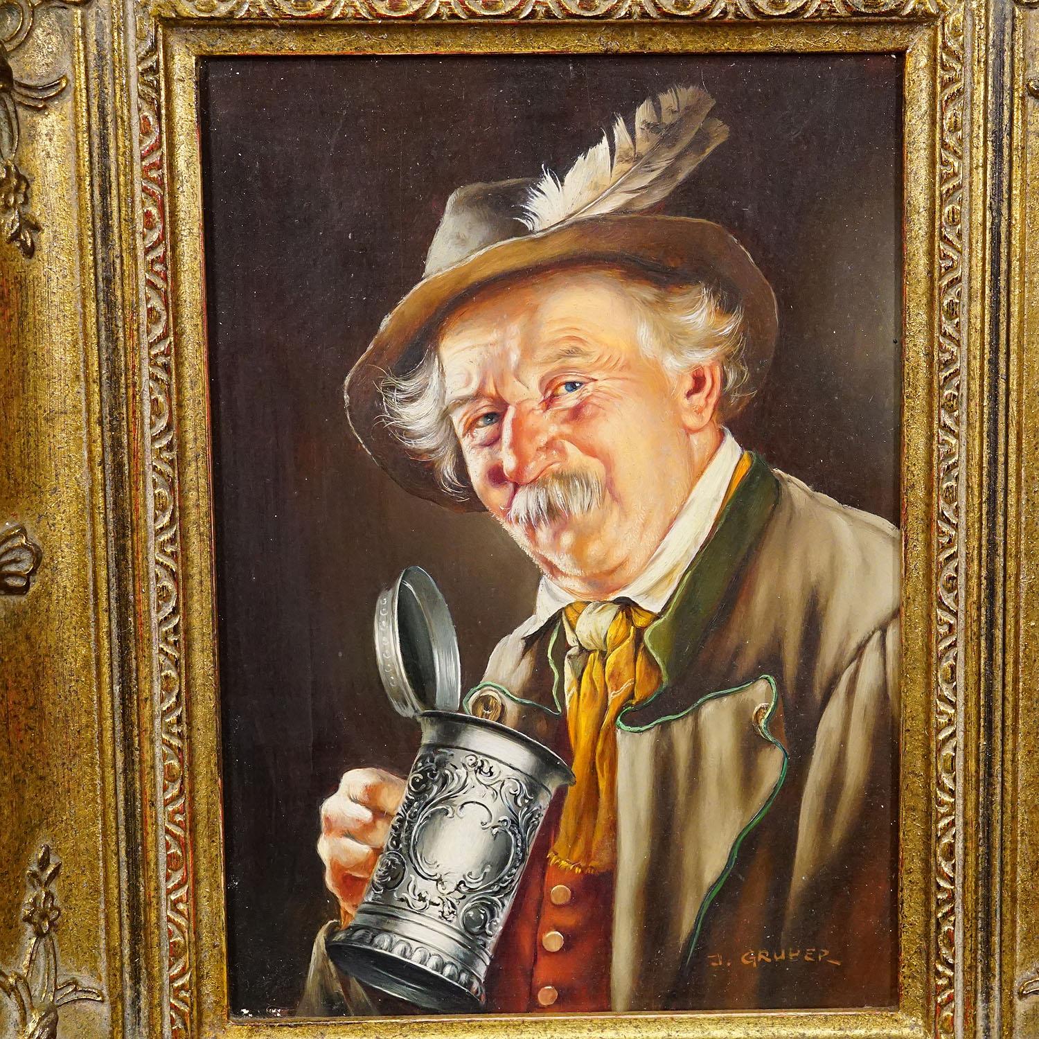 Allemand J. Gruber - Portrait d'un homme populaire bavarois avec une chope de bière, huile sur Wood en vente