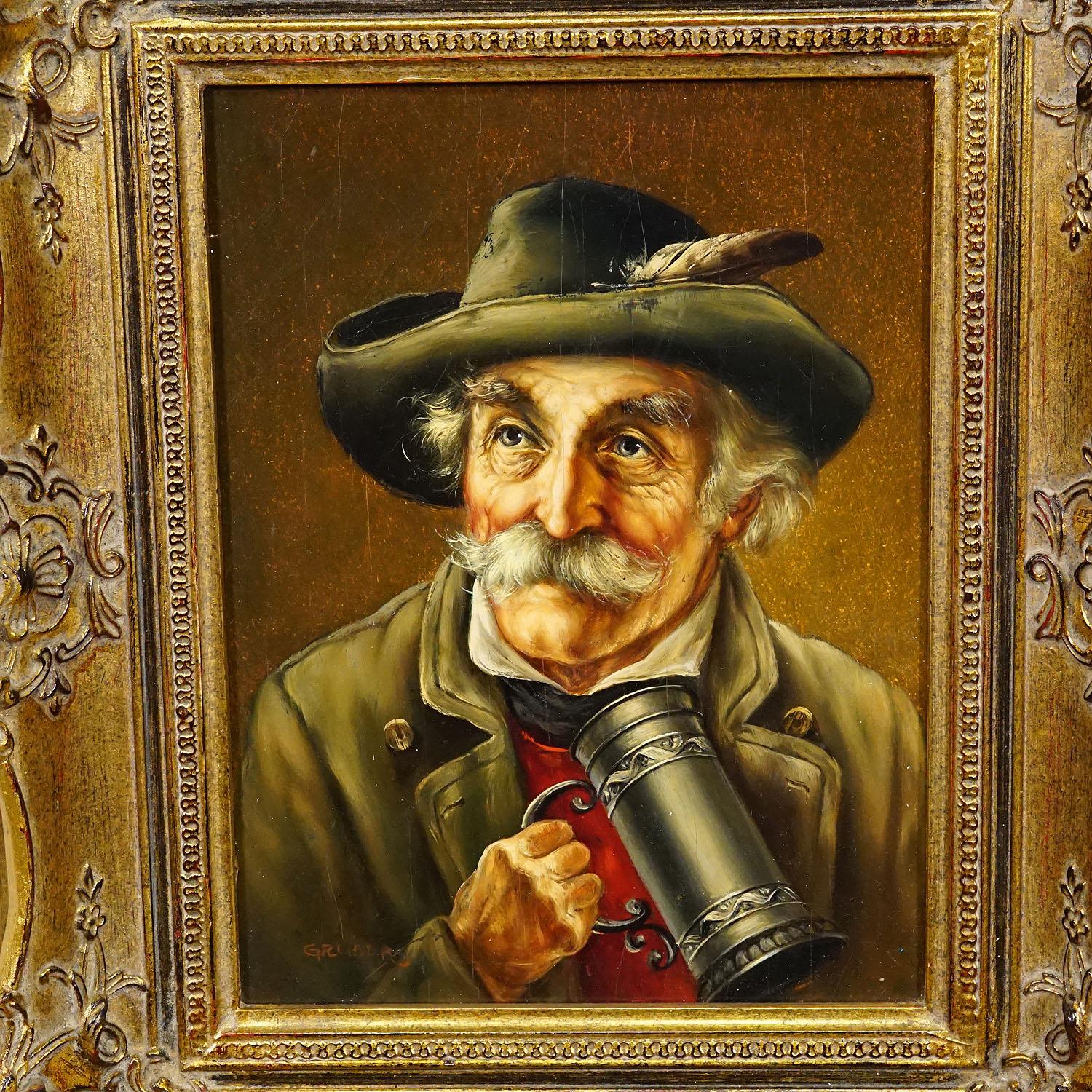 German J. Gruber - Portrait of a Bavarian Folksy Man with Beer Mug, Oil on Wood For Sale