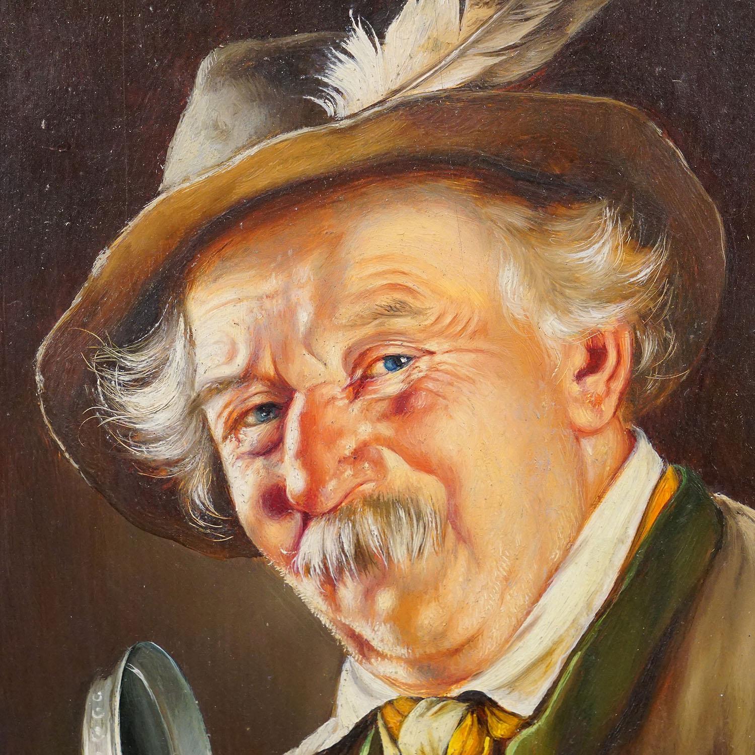 J. Gruber – Porträt eines bayerischen Volksmannes mit Bierbecher, Öl auf Holz (Gemalt) im Angebot