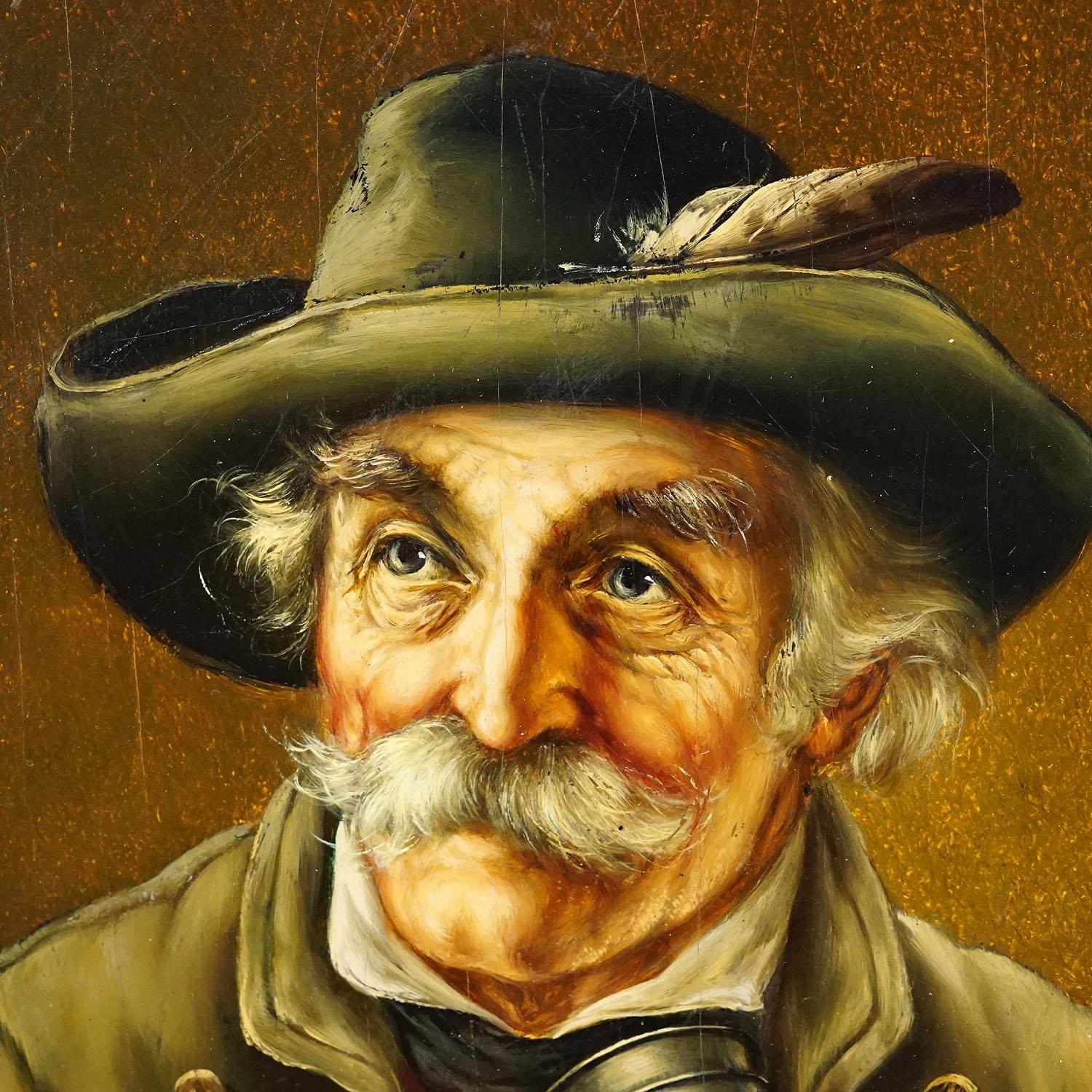 Painted J. Gruber - Portrait of a Bavarian Folksy Man with Beer Mug, Oil on Wood For Sale