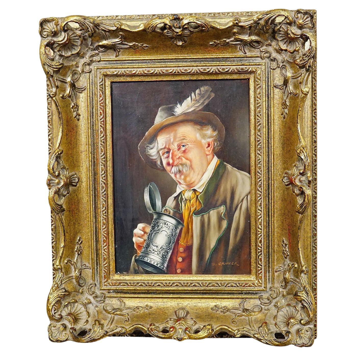 J. Gruber - Portrait of a Bavarian Folksy Man with Beer Mug, Oil on Wood For Sale