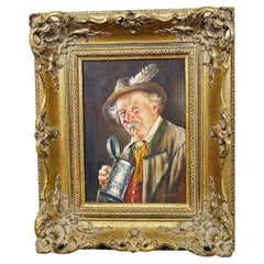 Vintage J. Gruber - Portrait of a Bavarian Folksy Man with Beer Mug, Oil on Wood